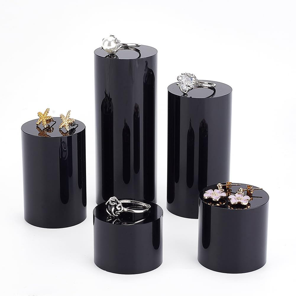 BENECREAT 5pcs Black Acrylic Display Block - 3/4/6/8/10cm Round Cylinder Solid Pedestal Stand for Jewelry, Gem, Pop Figures & Cosmetic Showing