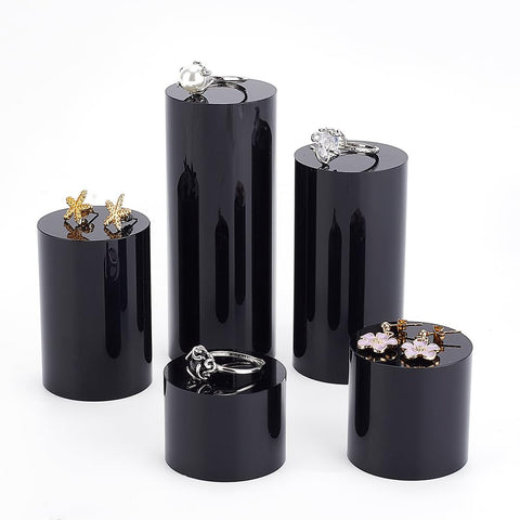 BENECREAT 5pcs Black Acrylic Display Block - 3/4/6/8/10cm Round Cylinder Solid Pedestal Stand for Jewelry, Gem, Pop Figures & Cosmetic Showing