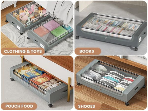 PHINOX Large Fabric Under Bed Storage on Wheels & Dust Cover, Grey, 2 PCS