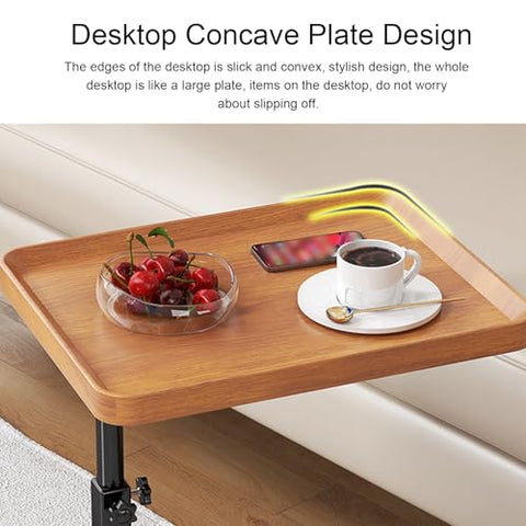 lyrlody C Shaped Side Table, Height Adjustable Overbed Table Wood Density Board Coffee Table Bed Table with 360° Swivel Wheels for Home Bedroom