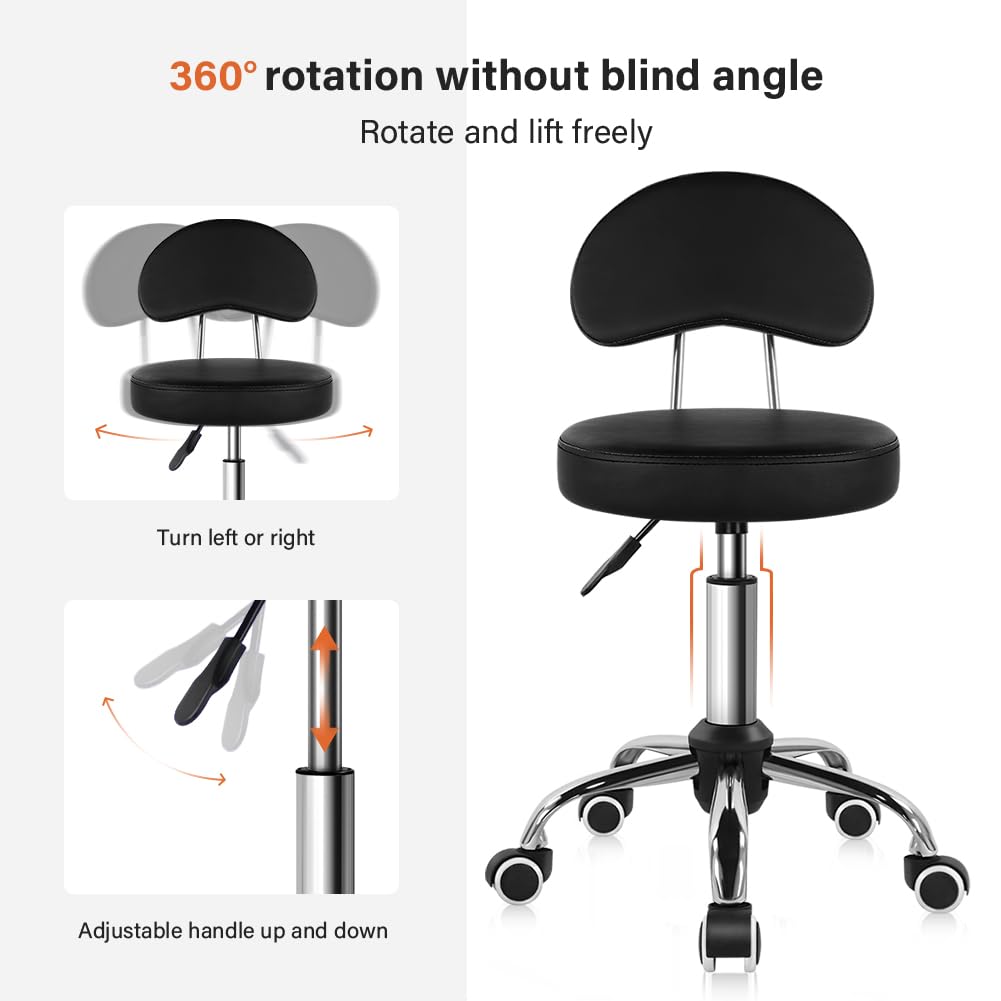 KKTONER Rolling Stool with Mid Back Height Adjustable Chair PU Leather Swivel Chair with Wheels for Office Home Task Drafting (Black)