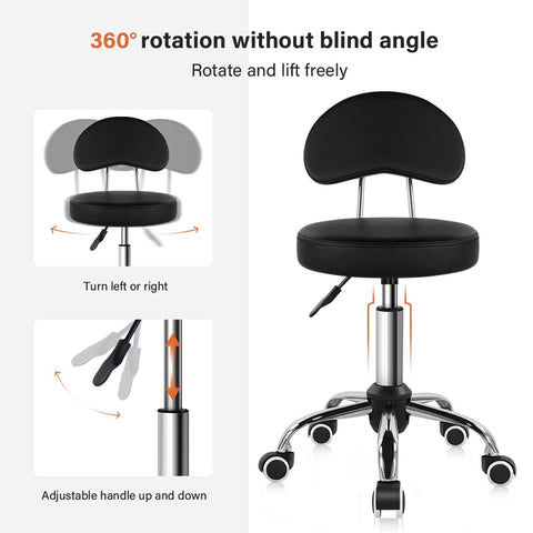 KKTONER Rolling Stool with Mid Back Height Adjustable Chair PU Leather Swivel Chair with Wheels for Office Home Task Drafting (Black)