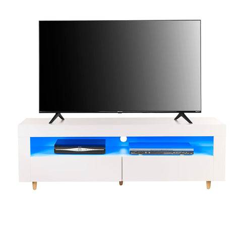 White TV Stand Cabinet, 140cm, with Lights, Soundbar Shelf, Storage Cupboards for 42", 50" 55" TV's, Modern Living Room Furniture