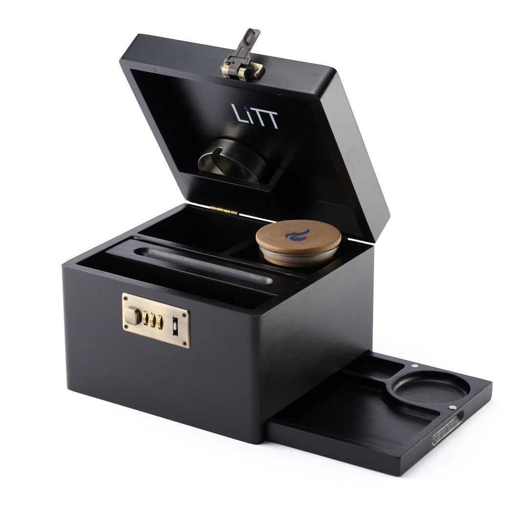 LITT - Premium Wooden Combination Lock Storage Stash Box Set with Glass Jar, Hidden Tray, and Storage Box (Black)