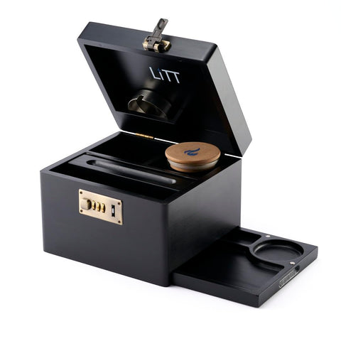 LITT - Premium Wooden Combination Lock Storage Stash Box Set with Glass Jar, Hidden Tray, and Storage Box (Black)