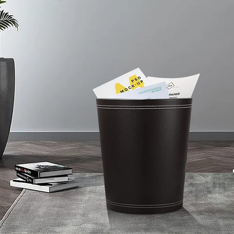 KINGFOM™ Classic Leather Waste Bin, Creative Waste Paper Basket, Storage Bin for Office, Home and High Class Hotel (Black)