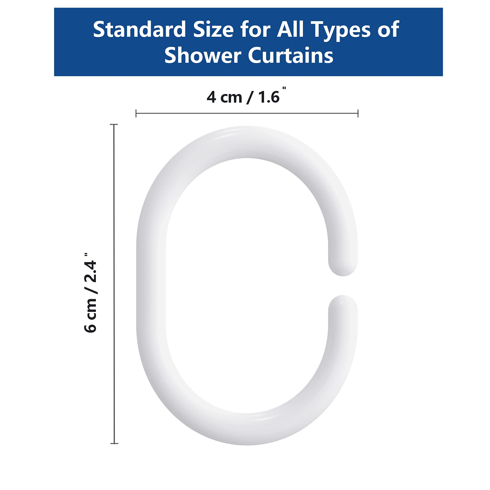 Simkopy Plastic Shower Curtain Hooks, 24 Pack C-Shaped Rings, White, for Bathroom & Window Rod