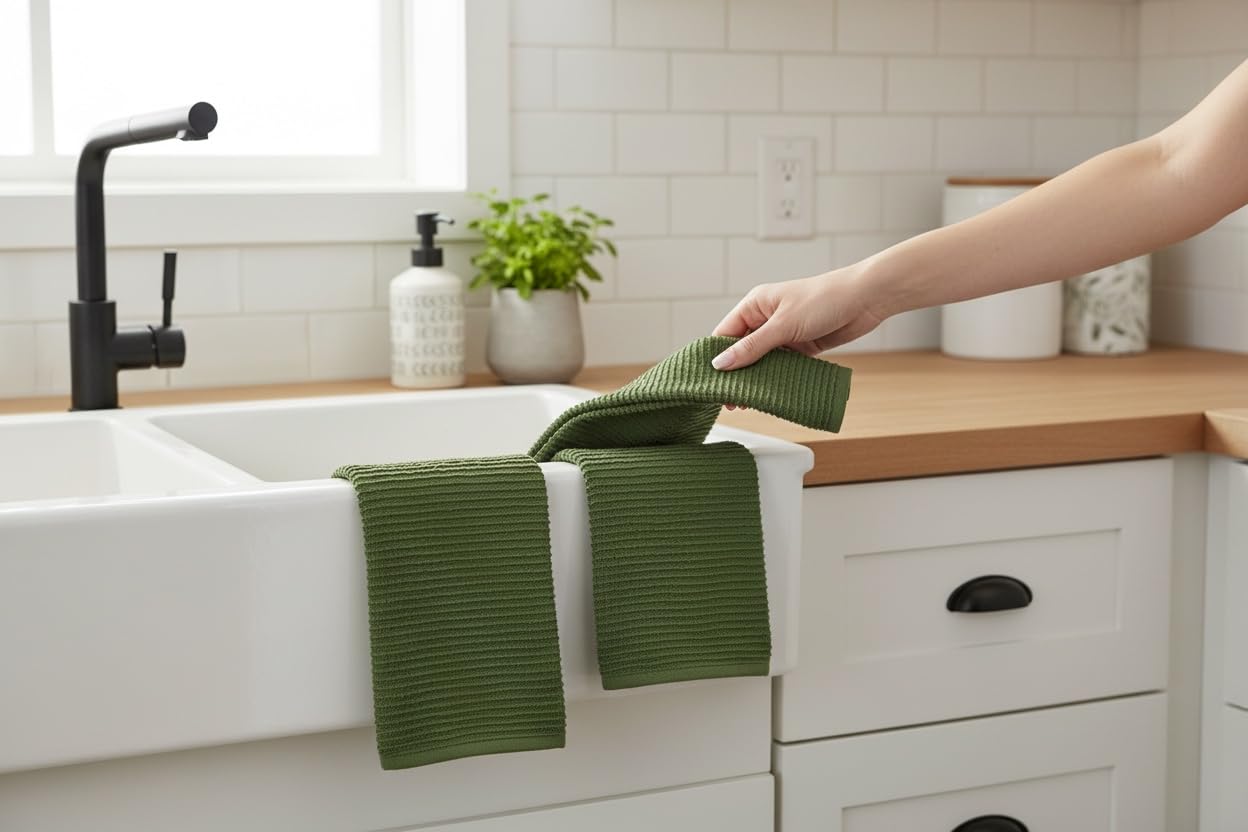 Avocado Forest Green Kitchen Hand Dish Towels: Oversized 28" x 18",100% Cotton Cloth Soft Cleaning Drying Absorbent Ribbed Design