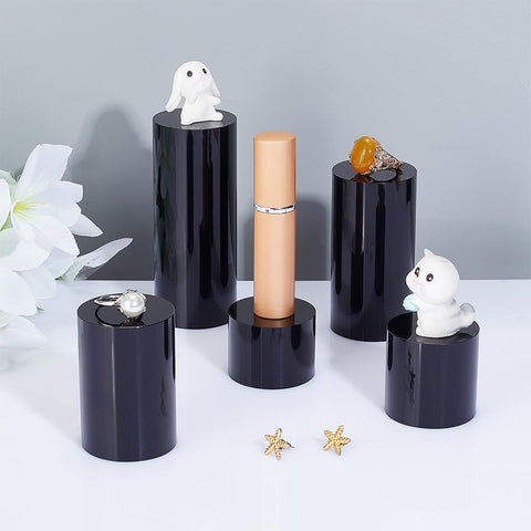 BENECREAT 5pcs Black Acrylic Display Block - 3/4/6/8/10cm Round Cylinder Solid Pedestal Stand for Jewelry, Gem, Pop Figures & Cosmetic Showing