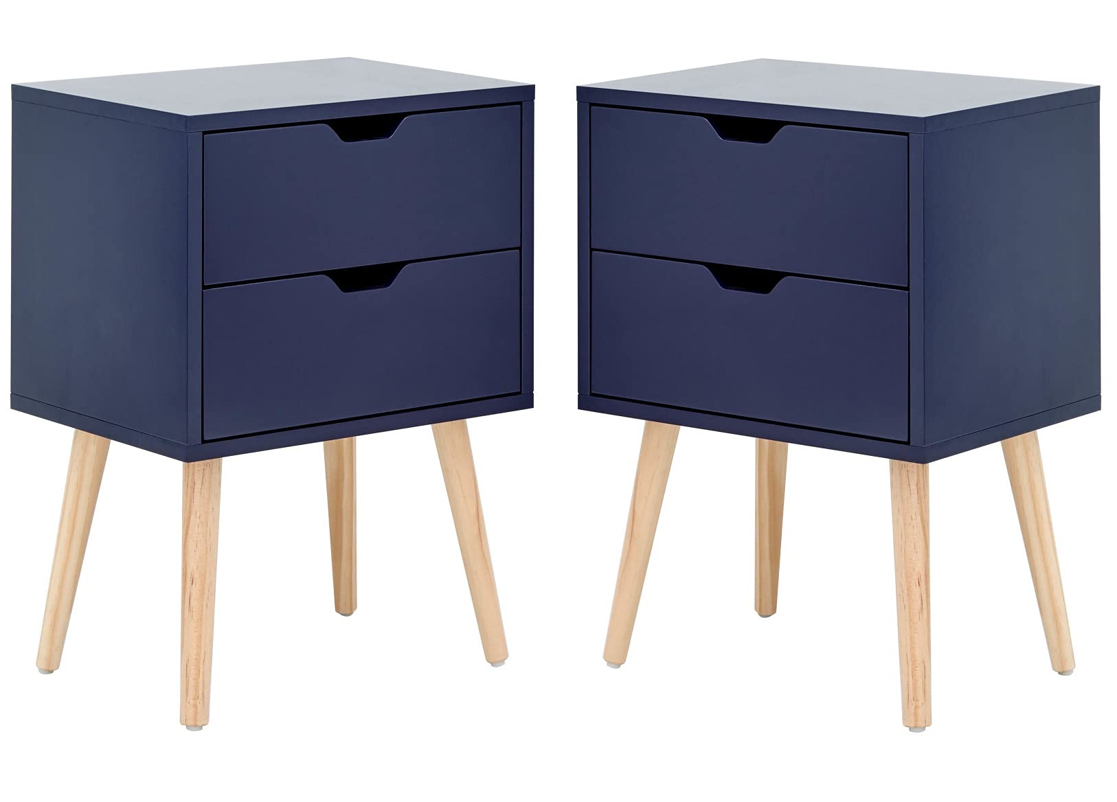 GFW Nyborg Set of 2 Bedside Cabinets, Nightshadow Blue 2 Drawer Scandi Nightstands with Wooden Legs and Cut-Out Handles