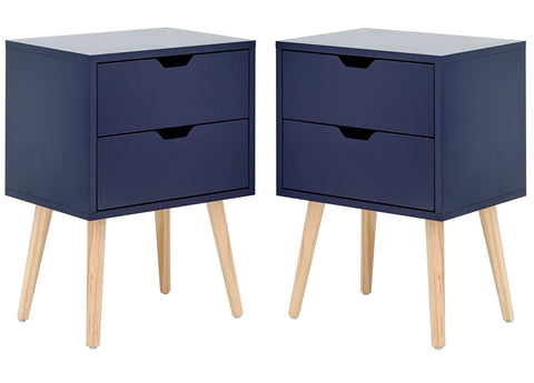 GFW Nyborg Set of 2 Bedside Cabinets, Nightshadow Blue 2 Drawer Scandi Nightstands with Wooden Legs and Cut-Out Handles