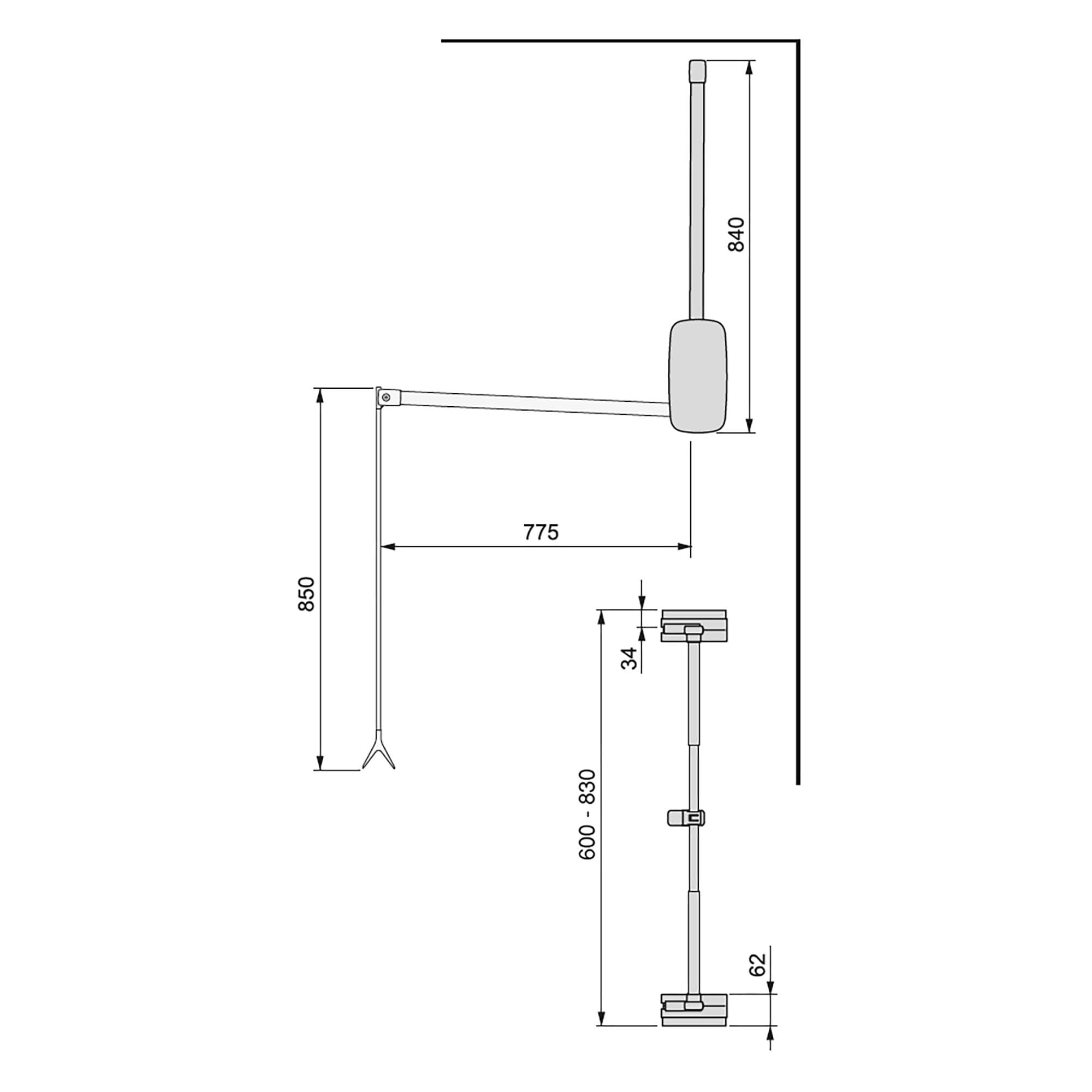 Emuca - Pull down hanging rail for wardrobe, pull down wardrobe rail lift, adjustable width 600-830mm, titanium colour