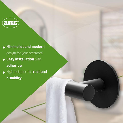 Amig - Self-Adhesive Bathroom Towel Hook Mod. 6 | Wall-Mounted Towel Hook Screwless Adhesive | 60 x 55 x 65 mm | Stainless Steel | Matt Black