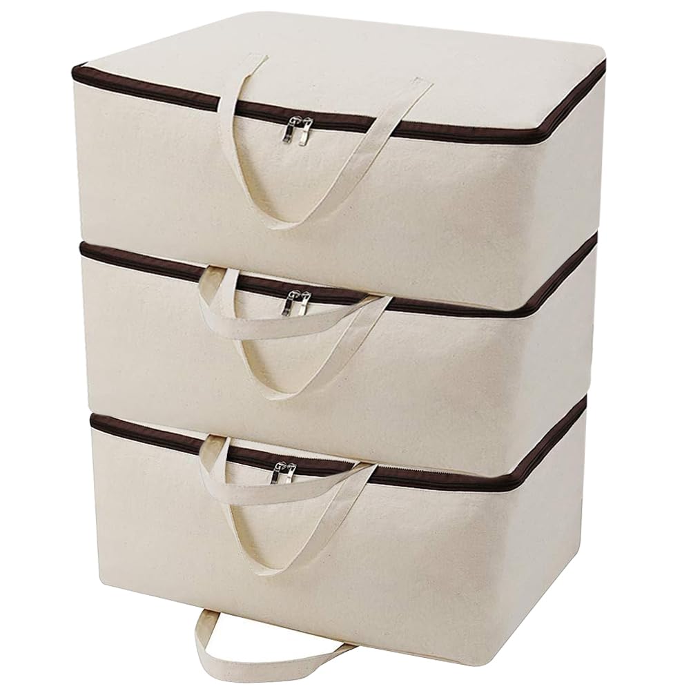 iwill CREATE PRO Pack of 3, Cotton Canvas Storage Soft Bags with Zip Closure & Handles, Good for Blankets, Clothing in Bedroom Wardrobe, Dormitory