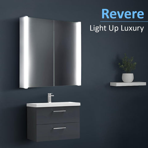 iBathUK Revere LED Illuminated Bluetooth Mirror Cabinet, Double Door Mirrors with Shaver Socket, 3 Adjustable Shelves Soft Close Door