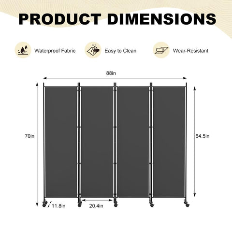 HIDODO 4 Panel Room Divider Folding Privacy Screen, Freestanding Room Partition with Lockable Wheels, Portable Wall Divider for Room Separation