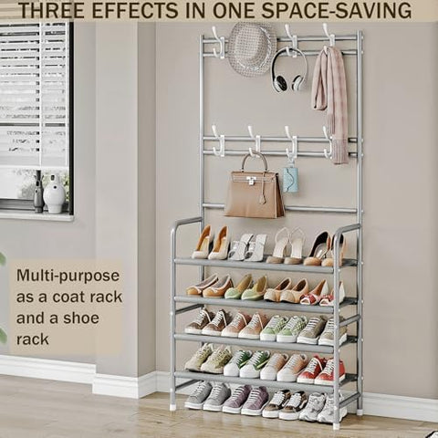 Dazioter Coat Rack Shoe Rack With Storage Shelf Freestanding with 8 Hooks for Entryway Bedroom (Grey, 4Tier)