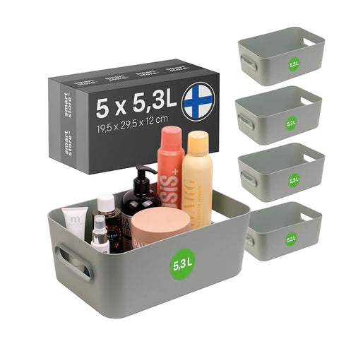 SmartStore Medium Plastic Storage Box with Handles 5× 5.3 L | Organiser Basket for Bathroom, Laundry, Kitchen, Office Drawers and Shelves