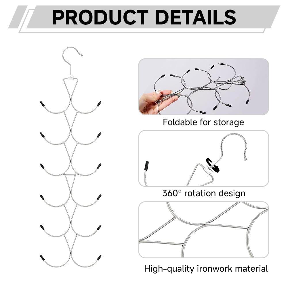 2Pcs Scarf Hanger with 12 Hooks, Metal 360° Rotating Organizer, Space-Saving Foldable Holder for Closet Scarves, Shawls, Belts and Purses (Silver)