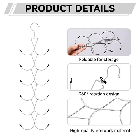 2Pcs Scarf Hanger with 12 Hooks, Metal 360° Rotating Organizer, Space-Saving Foldable Holder for Closet Scarves, Shawls, Belts and Purses (Silver)