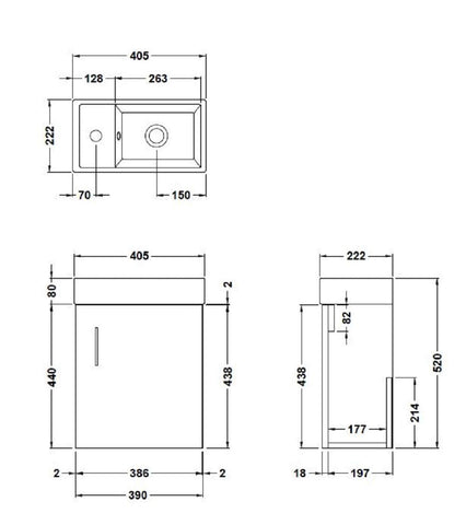 Nuie MIN010 Vault Modern Bathroom Single Soft Close Door Wall Hung Vanity Unit with 1 Tap Hole Ceramic Basin, 400mm, Woodgrain Charcoal Black