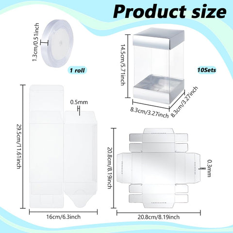BENECREAT 10Pcs Clear Plastic Gift Box with Silver Paper Lid, Rectangle Gift Packaging Boxes with Polyester Ribbon for Birthdays