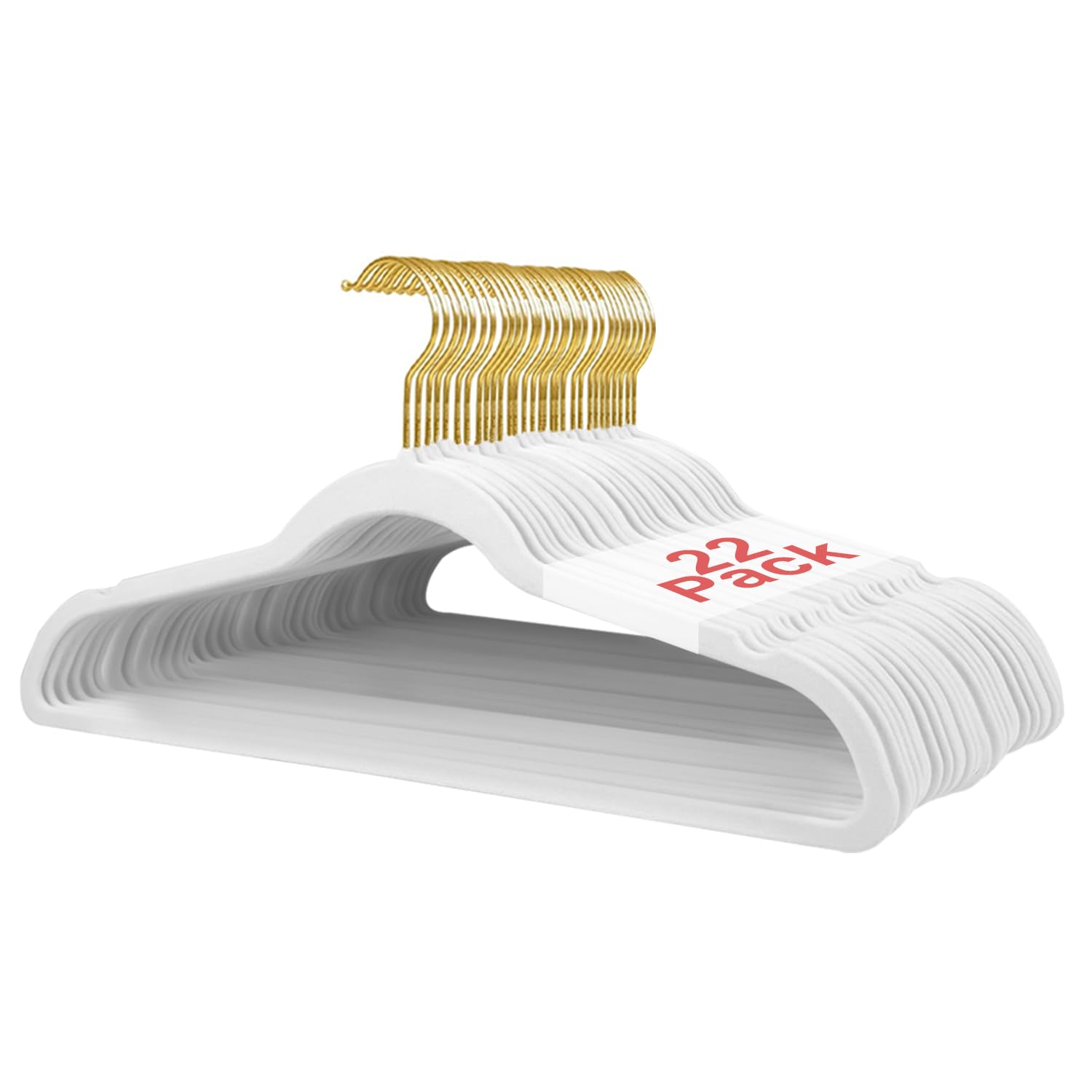 Wellong 22 Packs Velvet Clothes Hangers, 45cm Non-Slip Skirt and Dresses Hangers With Shoulder Notches, Space Saving for Adults - White With Gold Hook