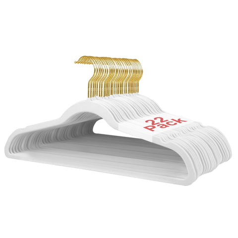 Wellong 22 Packs Velvet Clothes Hangers, 45cm Non-Slip Skirt and Dresses Hangers With Shoulder Notches, Space Saving for Adults - White With Gold Hook