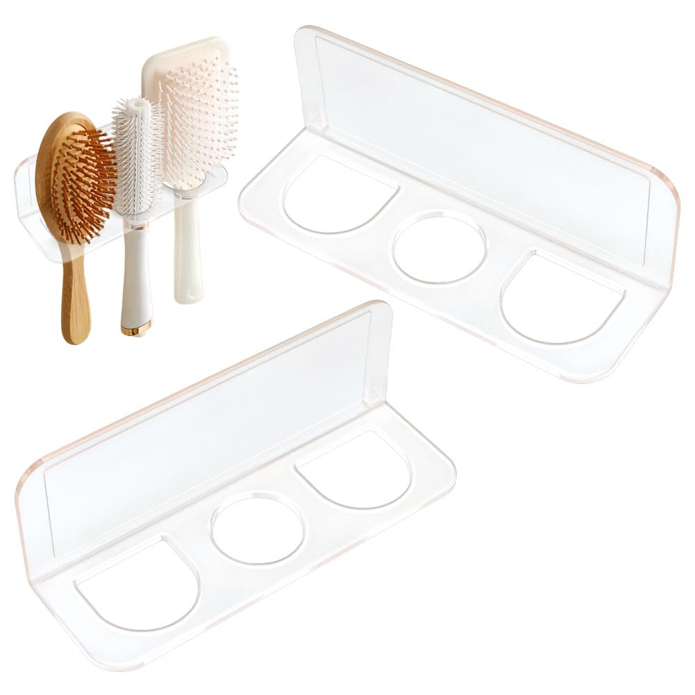 CRAFTYMELODY 2Pcs Acrylic Hair Brush Holder 3-Slot Rectangle Wall Mounted Comb Organizer Holder for Bathroom with Adhesive Stickers Clear Hairbrush
