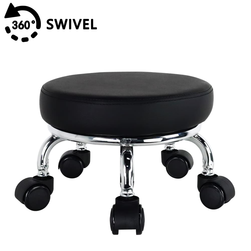 WKWKER Roller Seat PU Leather Low Round Rolling Stool Small Chair with Universal Swivel Caster Wheels for Home Office Garage Shop Fitness Sport（Black）