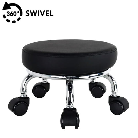 WKWKER Roller Seat PU Leather Low Round Rolling Stool Small Chair with Universal Swivel Caster Wheels for Home Office Garage Shop Fitness Sport（Black）