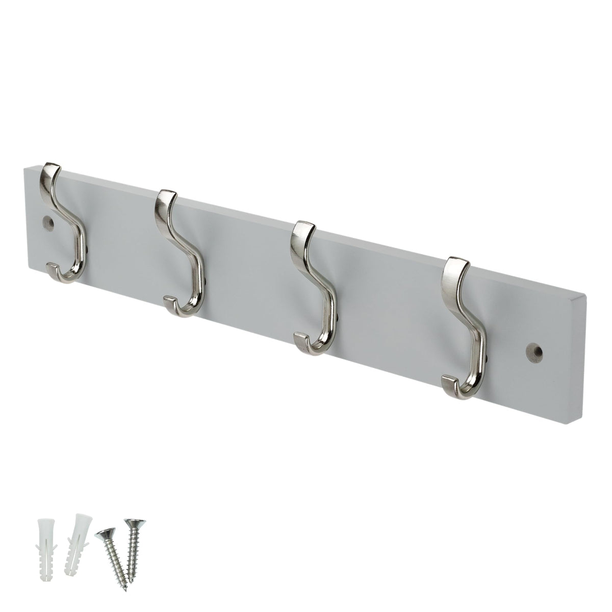 keypak Wall-Mounted Coat Rack – 4 Nickel Hooks on Stylish 38cm Grey Wood