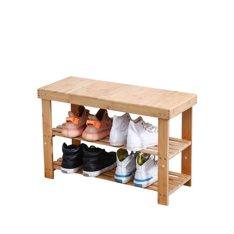 KKTONER Bamboo Shoe Rack Bench 3 Tier Entryway Seat Shoe Organizer Storage Shelf (Yellow)