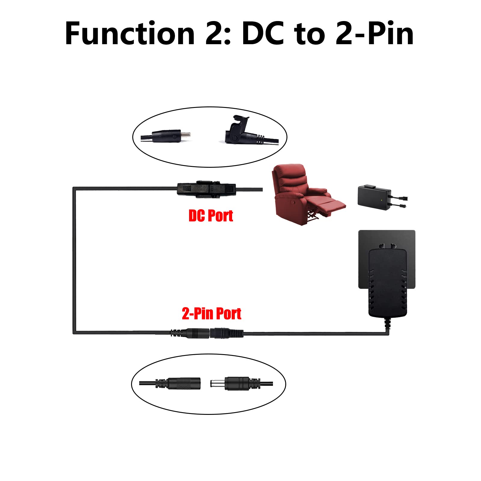STAIGO DC to Flat-Round Pin Transformer Cable Used for Electric Recliner Lift Chair Sofa Transformer Power Supply Recliner Battery Transform Cable