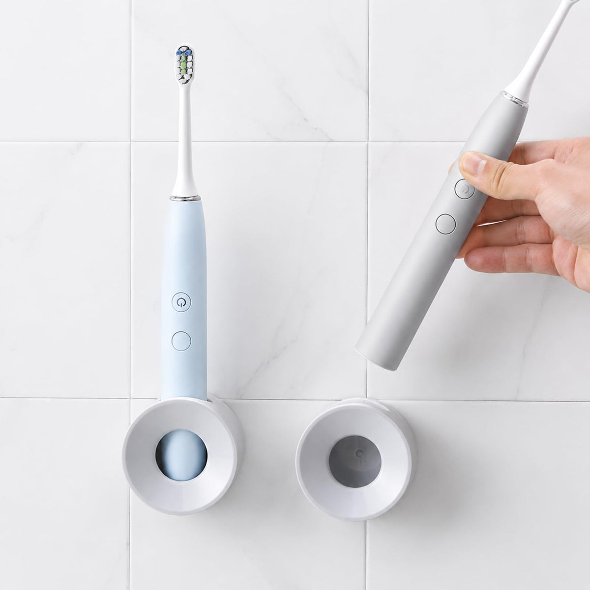 2Pcs Wall Mounted Electric Toothbrush Holder, No Drilling Self Adhesive Organiser with Drain Holes, Removable Toothbrush Storage Caddy