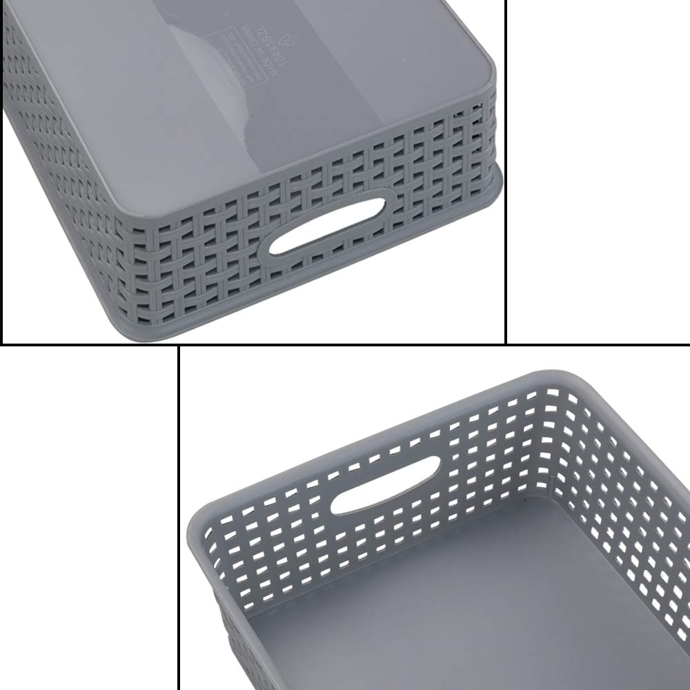 Bblie 6-Pack Rectangular Plastic Shallow Basket, Grey A4 Basket Tray for Storage
