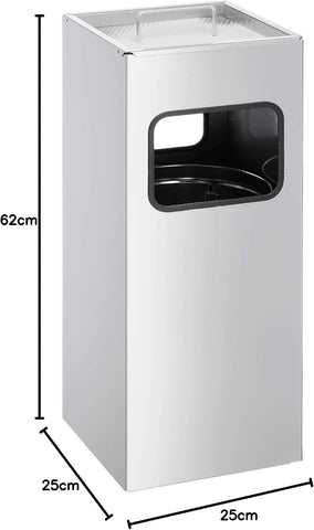 Durable Metal Square Waste Bin Silver With Ashtray Top - Bin Capacity 17 Litres - Ashtray Capacity 2 Litres - Ideal for Sheltered Outdoor Areas