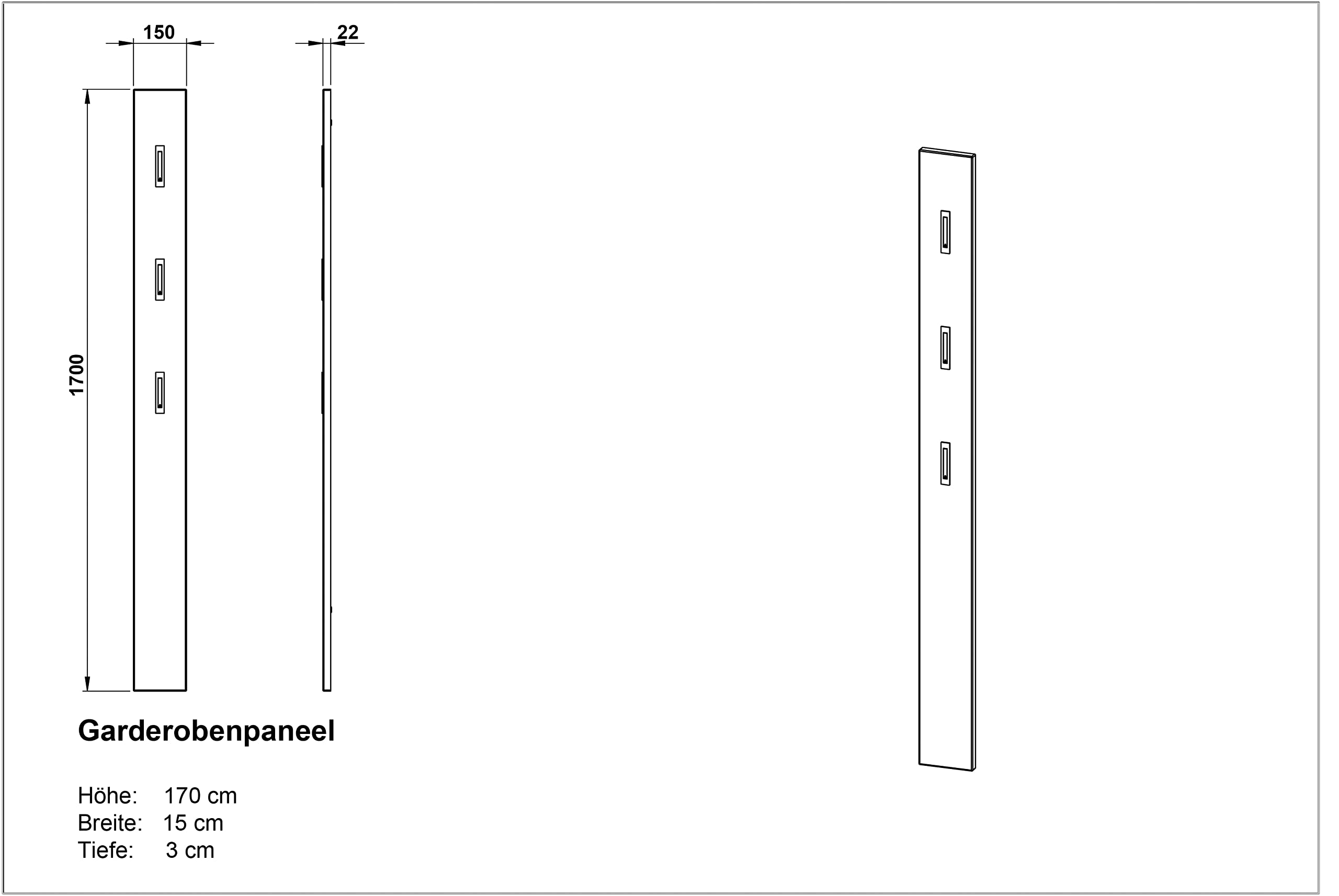 Germania wardrobe panel 3255-547, with THREE fold-out metal clothes hooks, in high-gloss anthracite, 15 x 170 x 3 cm (WxHxD)
