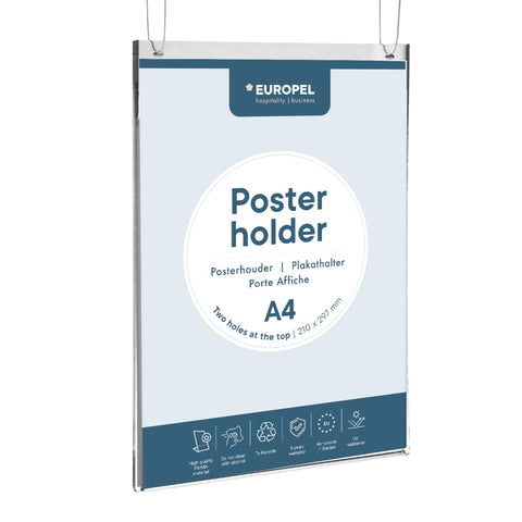 EUROPEL A4 Acrylic Table Display Stand – Double Sided, 2 Hanging Eyelets, Crystal Clear, Tilted Back, for Office, Restaurant and Hotel