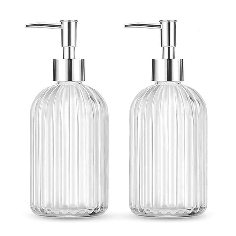2 Pack Glass Soap Dispenser Bottle with Pump,14 Oz Clear Glass Jar Soap Liquid Hand Soap Dispenser, Refillable Liquid Hand Jar Dispenser for Bathroom
