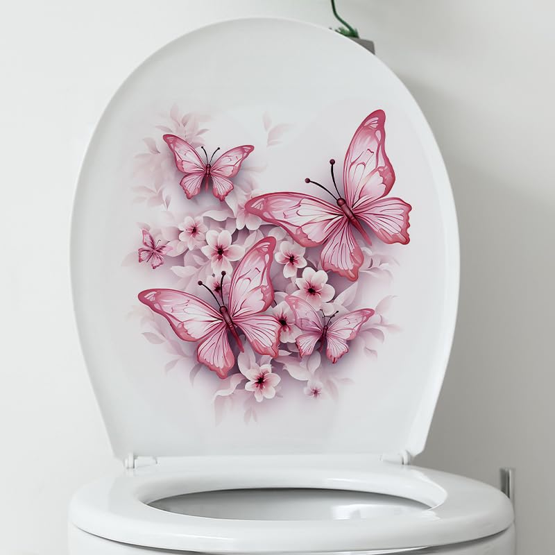 Pink Butterfly Flower Toilet Cover Sticker Decals,Fish Bird Flower Leaf Waterproof Toilet Lid Tank Seat Decals Cistern Self-Adhesive Bathroom Wall
