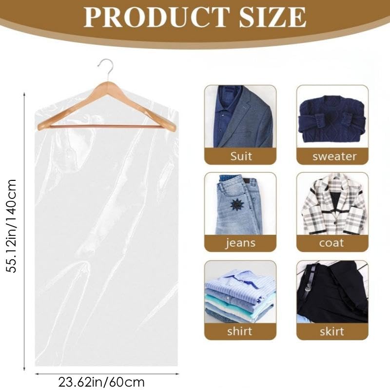 20 Pack Plastic Clothes Covers, 60*100cm/60*140cm Dry Cleaning Bags, Clear Clothes Bags Hanging, Garment Bags
