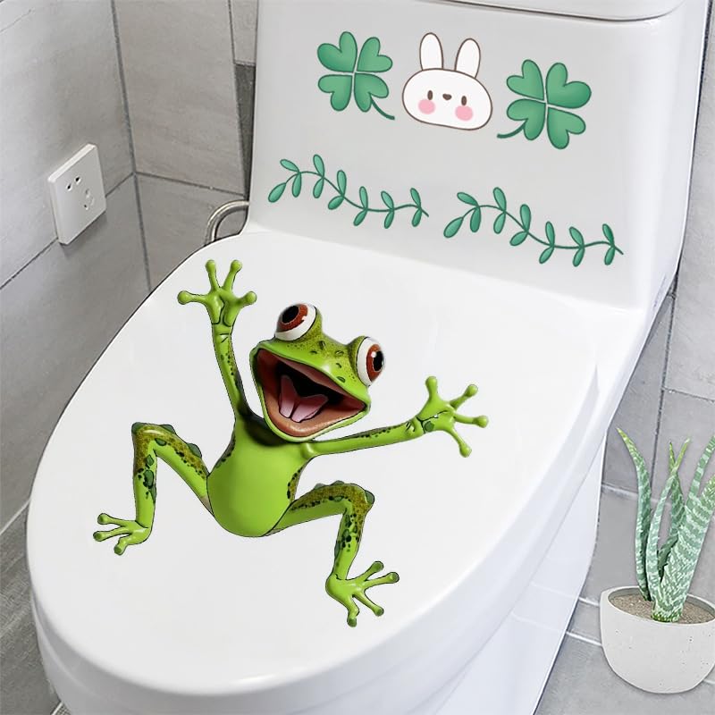 Frog Butterfly Flower Toilet Cover Sticker Decals,Fish Bird Flower Leaf Waterproof Toilet Lid Tank Seat Decals Cistern Self-Adhesive Bathroom Wall