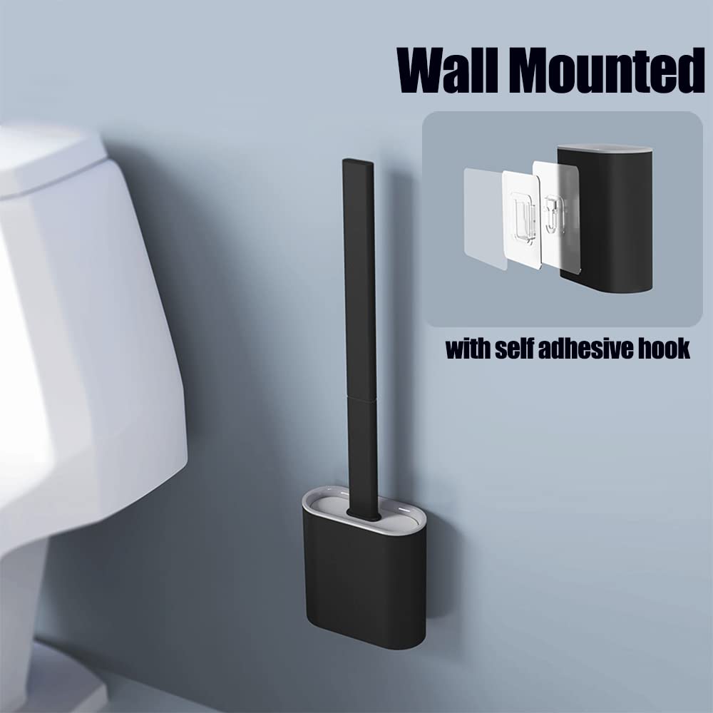 Feicuan Toilet Brush with Holder - Silicone Toilet Brush Flooring/Wall Mounted Detachable Rubber Flexible Bristles Long Plastic Handle Deep Cleaner