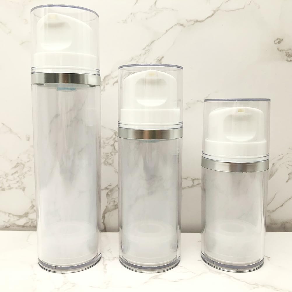 2Pcs 100ml/3.3oz Empty Refillable Clear Plastic Airless Lotion Pump Bottles with White Press Top Cosmetic Vacuum Pump Dispensers Vial Storage