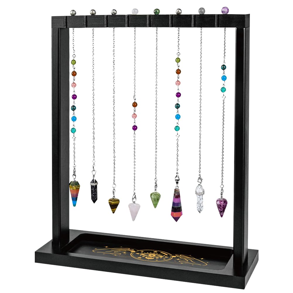 BEUNITONE Wooden Pendulum Crystal Display Holder, Witchcraft Supplies Organizer with Devil's Eye Pattern Tray