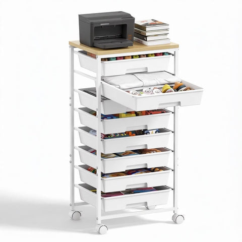 8 Drawer Rolling Storage Trolley with Wooden Worktop, Plastic Drawer Organiser Cart on Wheels with Lockable Silent Castors & Anti-Fall Latch