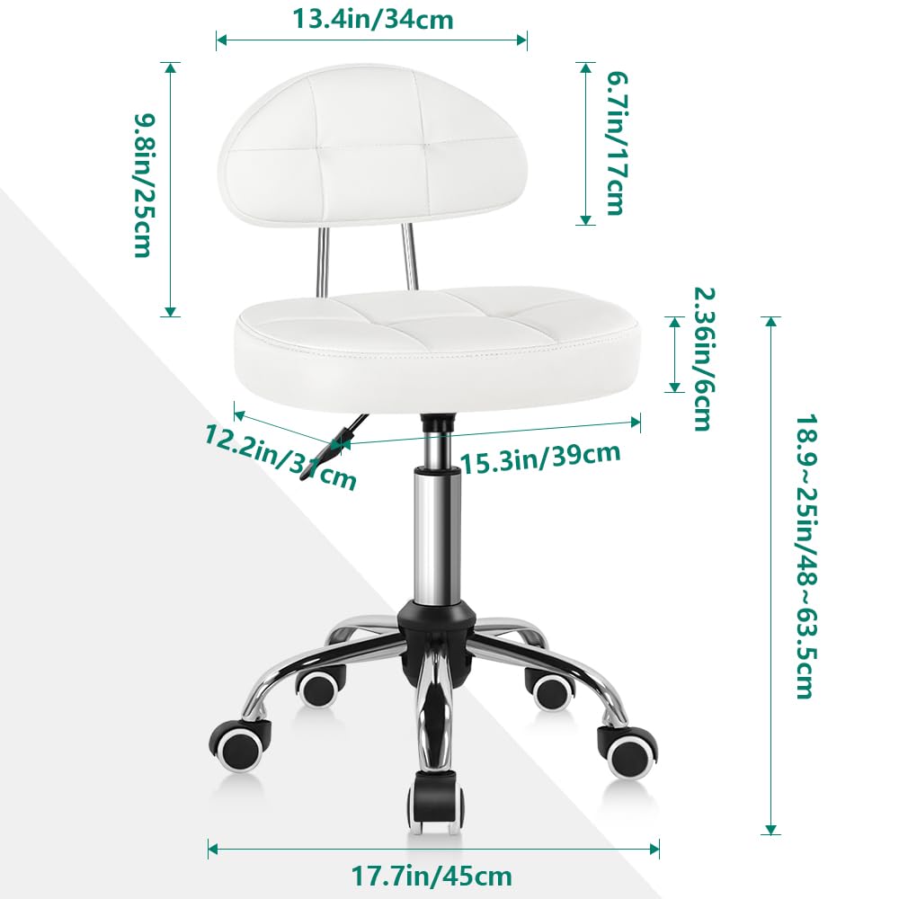 BFTOU Square Swivel Stool on Wheels Perfect for Work SPA Shop Massage Height-Adjustable and Cost-Effective Rolling Stool Chair with Back White (WHITE)