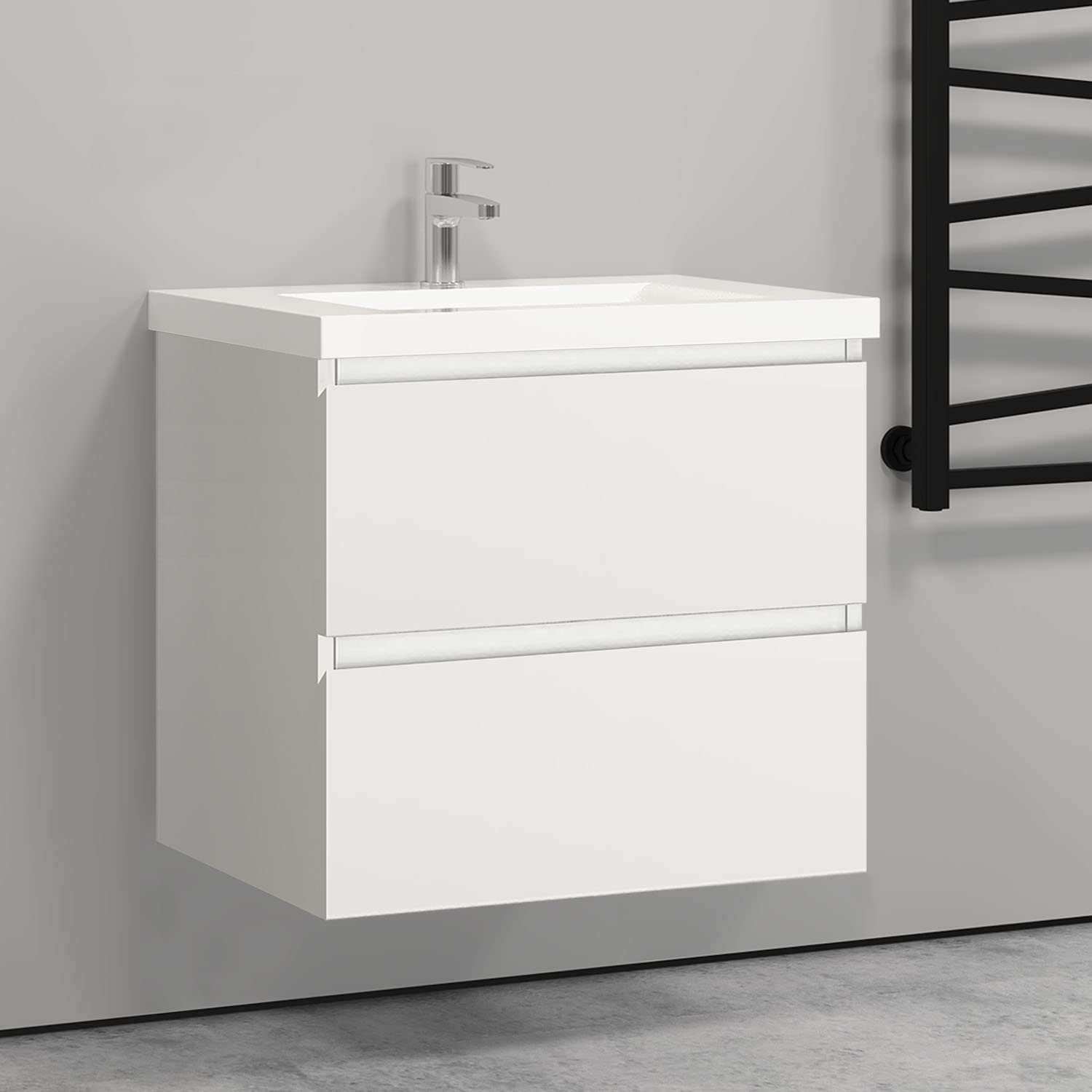 Biubiubath 600mm Bathroom Sink Unit with Basin Matt White 2 Soft Close Drawers Wall Mounted Bathroom Suite with Vanity Unit