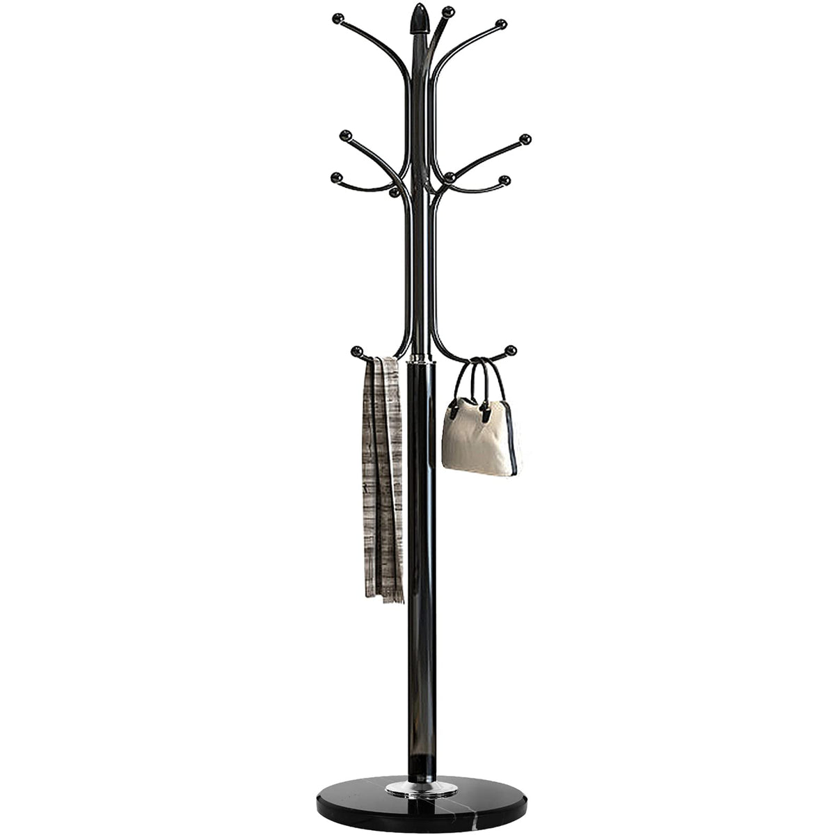 Kertnic Metal Coat Rack Stand with Natural Marble Base, Free Standing Hall Tree with 12 Hooks for Hanging Scarf, Bag, Jacket